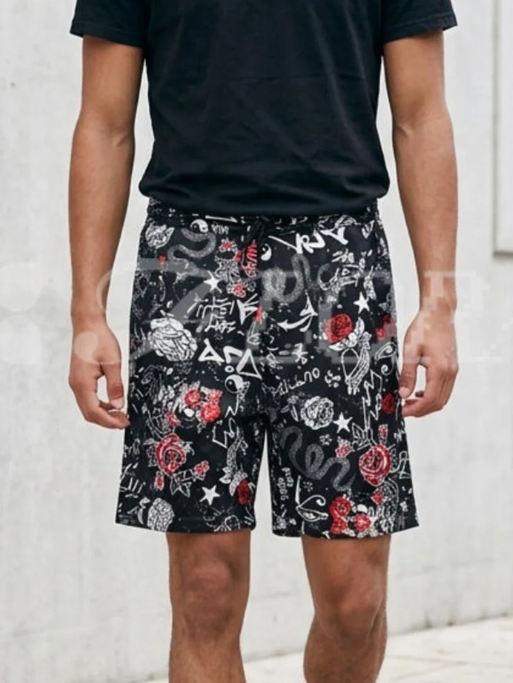 Black Graffiti Rose Print Shorts with Drawstring